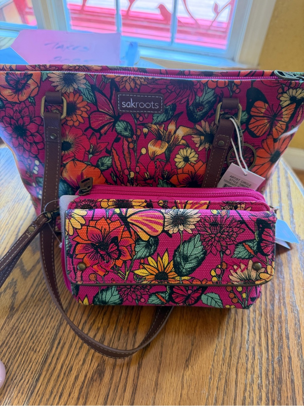 Sakroots Vibrant Pink Floral Canvas Tote with Matching Wristlet